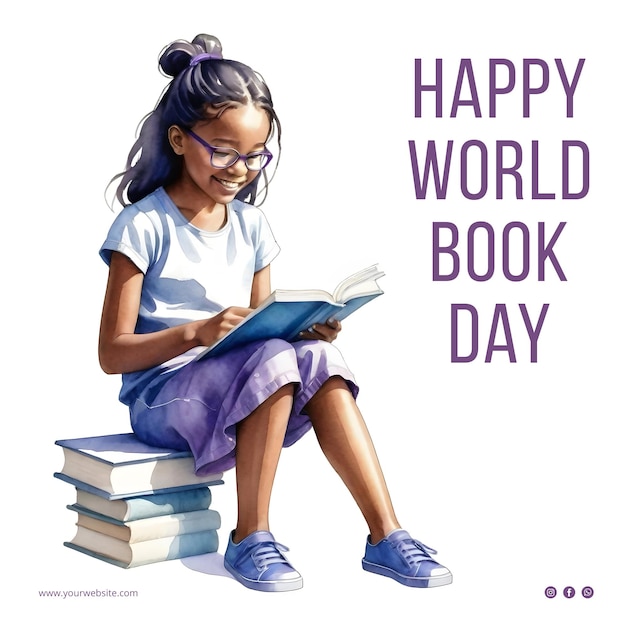 PSD world book day social media post template with girl reading a book