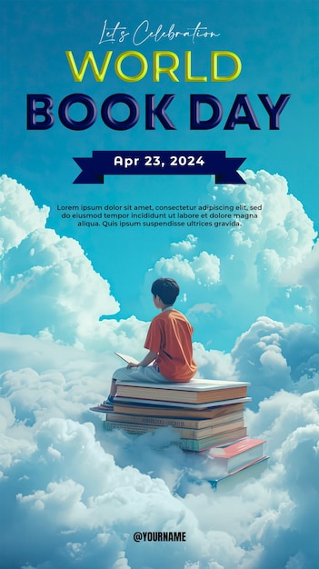 Giorno mondiale del libro con sullo sfondo di un bambino piccolo seduto su una disposizione di libri in alto sopra il