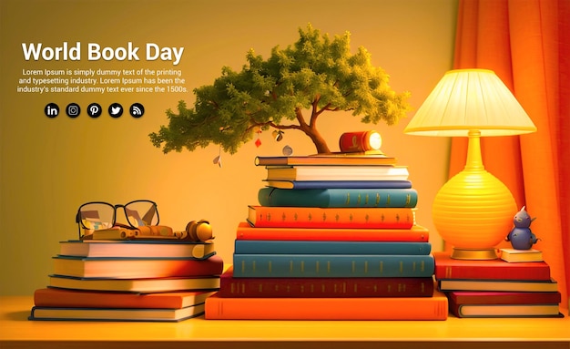 PSD the world book day wood text in library for holiday concept background design template