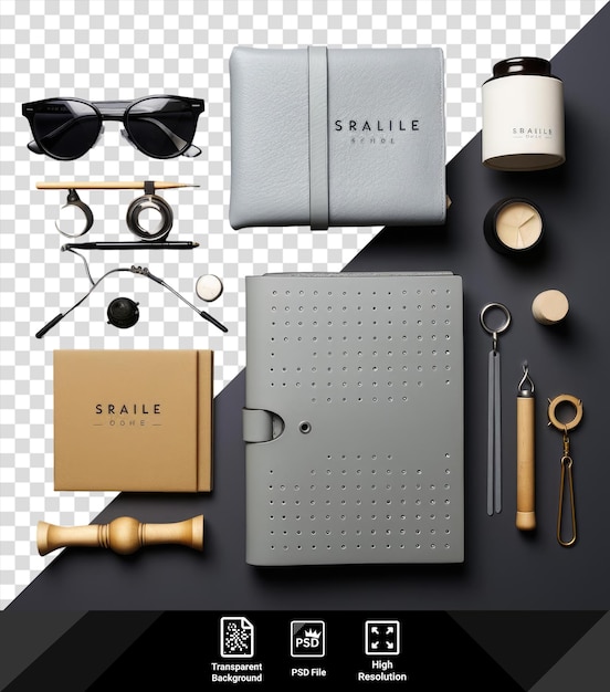 PSD world braille day item set s products are displayed on a black table accompanied by a silver spoon black glasses and a white book