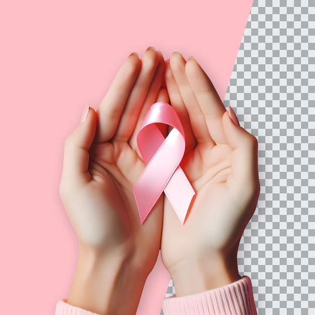 PSD Всемирный день осведомленности о раке концепция я и я буду руки женщины с розовой лентой рак молочной железы