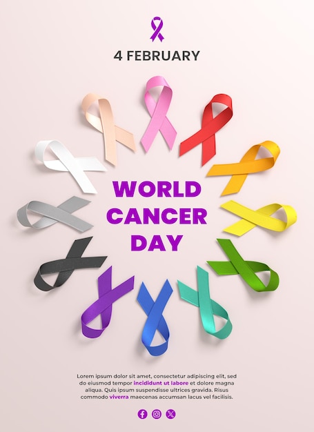 World cancer day flyer background design with colorful ribbons for different types of cancer