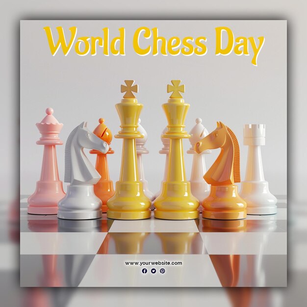 World chess day chess pieces king queen and knight chessboard gold aesthetic for social media post