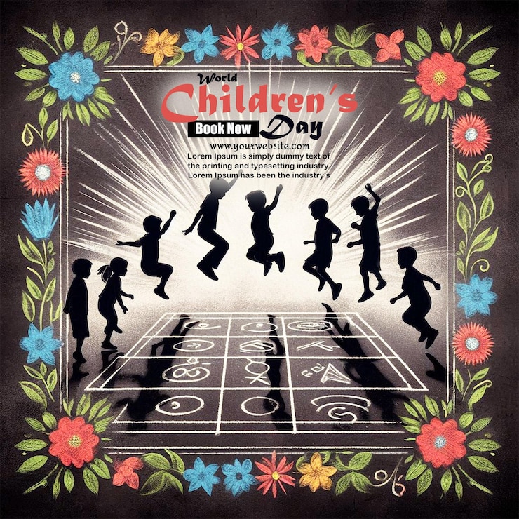 PSD world childrens day template with diverse children silhouettes