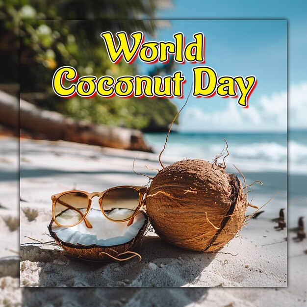 PSD world coconut day celebrate coconut at the sea coconut milk coconut water for social media post