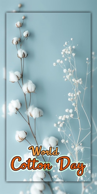 PSD world cotton day cotton plants with buds cotton flowers on its branch for social media post design