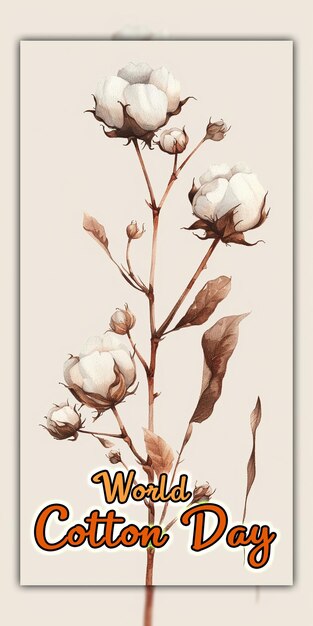 PSD world cotton day cotton plants with buds cotton flowers on its branch for social media post design