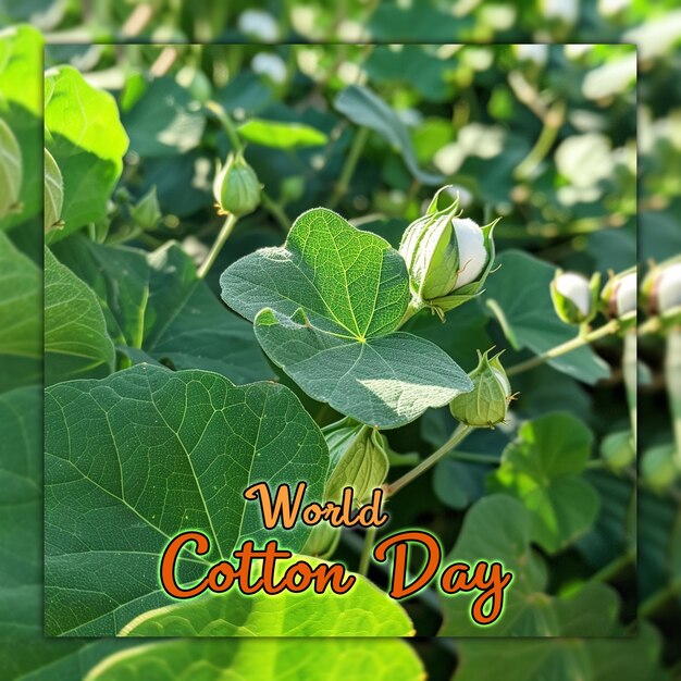 PSD world cotton day cotton plants with buds cotton flowers on its branch for social media post design