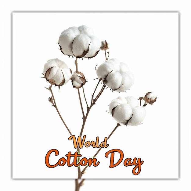 PSD giornata mondiale del cotone piante di cotone con boccioli fiori di cotone sul suo ramo per la progettazione di post sui social media