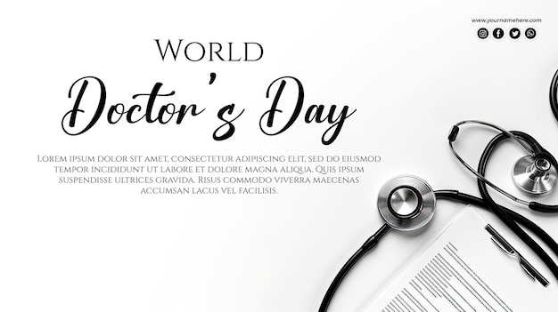 世界医師の日の背景横の写真に腕を組んで立っている医師