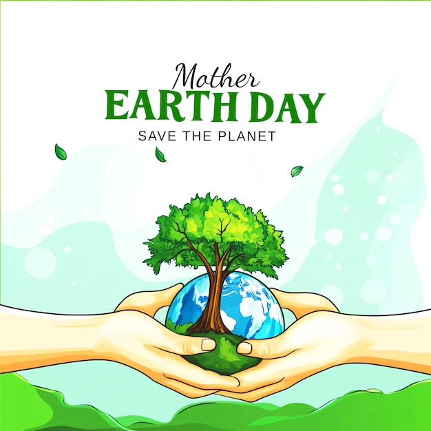 world earth day banner design with a person holding a small plant in hand