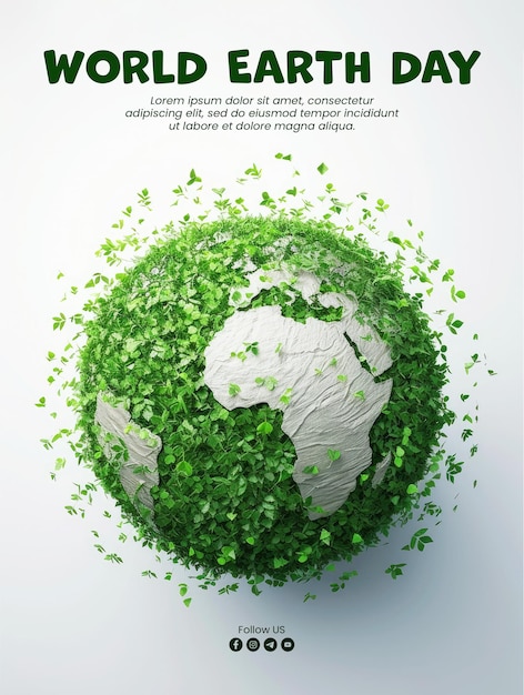 PSD world earth day poster template with globe with green arrows covered with leafs