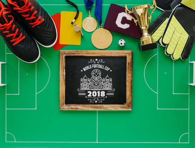 Mockup di coppa del mondo di calcio con ardesia