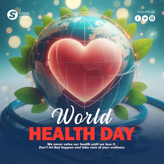 PSD world health day background and poster with a heart shaped globe and a stethoscope