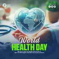 PSD world health day background and poster with a heart shaped globe and a stethoscope