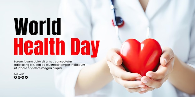 PSD world health day banner template with a background of a female doctors hand holding a red heart