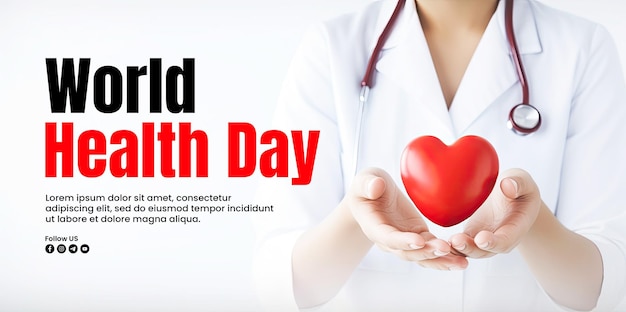 PSD world health day banner template with a background of a female doctors hand holding a red heart