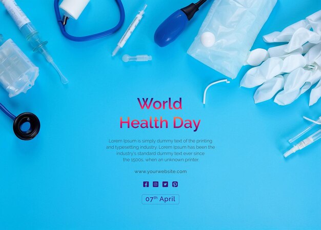 PSD world health day concept different medical items upper side of the canvas on blue color background