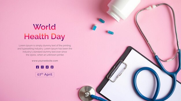 PSD world health day concept stethoscope with notepad and medicine tablets on pink color background