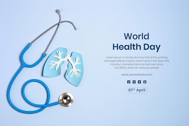 PSD world health day concept stethoscope with paper cut style lungs on a bluish background