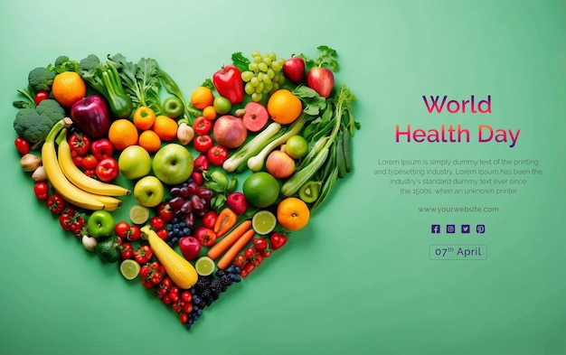 PSD 世界健康デーのコンセプト 鮮やかな果物と野菜が明るい緑の背景に心の形をとる