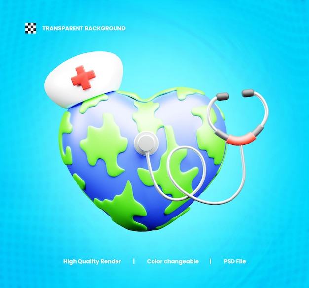 world health day icon 3d illustration or health day icon 3d render or health day app icon 3d render
