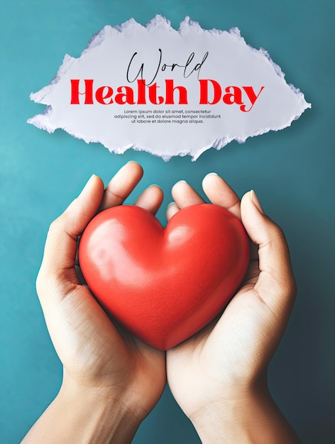 PSD Шаблон плаката всемирного дня здоровья с фоном рука, держащая красное сердце
