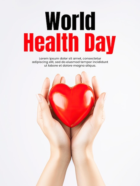 PSD world health day poster template with a background of a female doctors hand holding a red heart