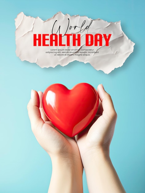 Modello di poster della giornata mondiale della salute con sfondo mano che tiene un cuore rosso