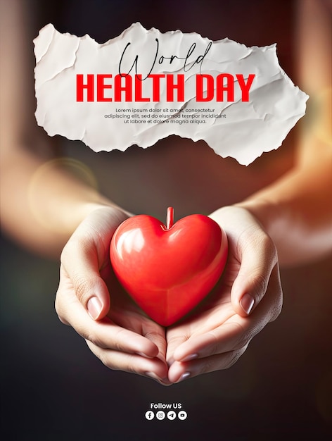 PSD world health day poster template with a background hand holding red heart