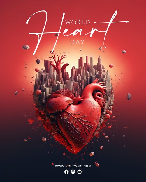PSD disegno di poster per i social media della giornata mondiale del cuore con sfondo di anatomia del cuore