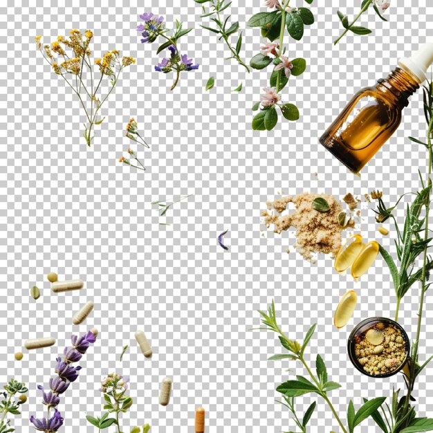 World homeopathy day and medical treatment with herbs isolated on transparent background