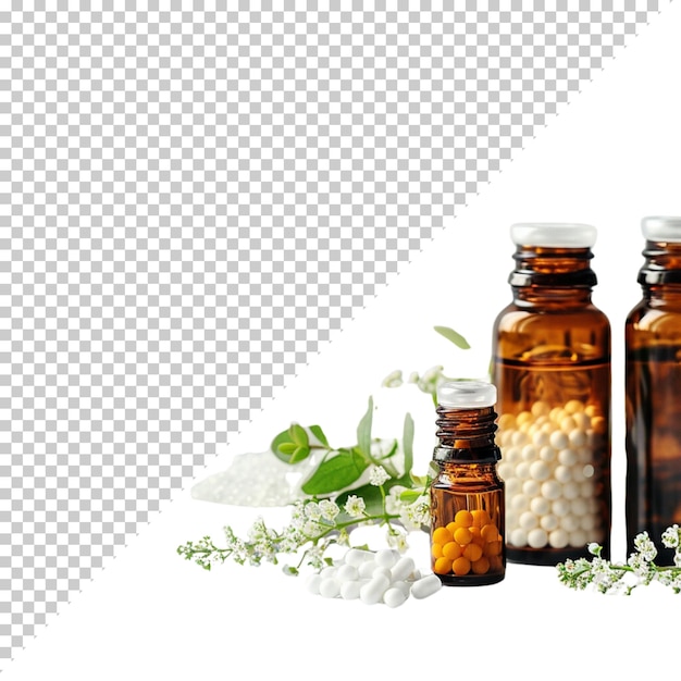 PSD world homeopathy day and medical treatment with herbs isolated on transparent background