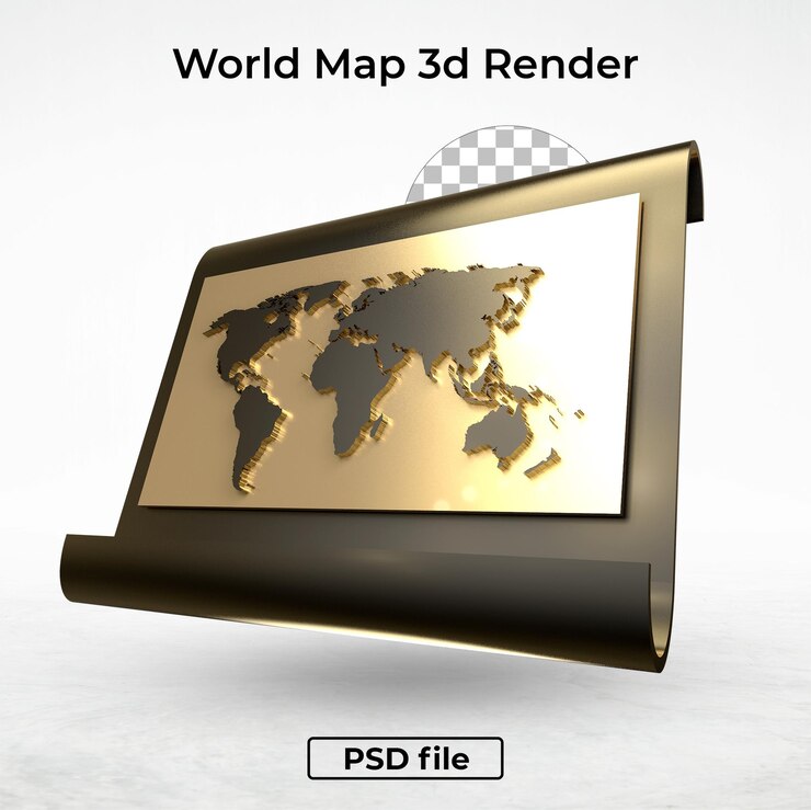 PSD world map gold 3d render