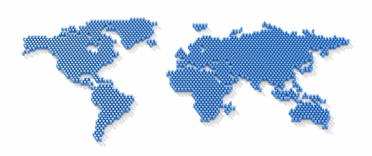 PSD world map made of blue cylinders on the white background 3d rendering