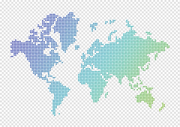 PSD world map made of blue and green dots isolated on transparent background