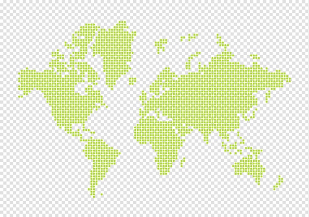 PSD world map made of green dots isolated on transparent background