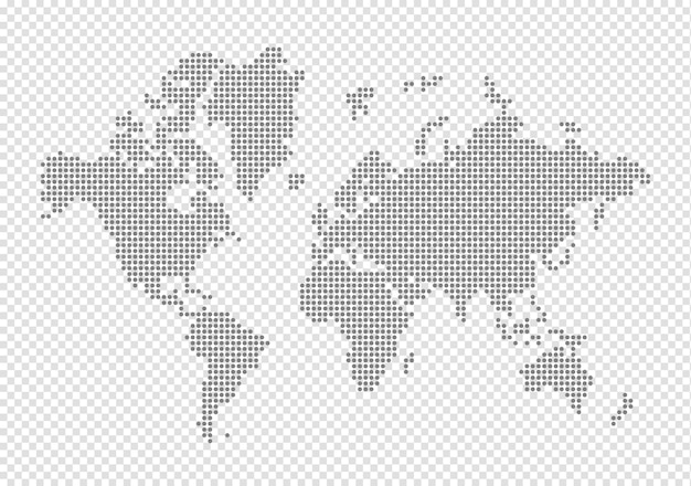 PSD world map made of grey dots isolated on transparent background