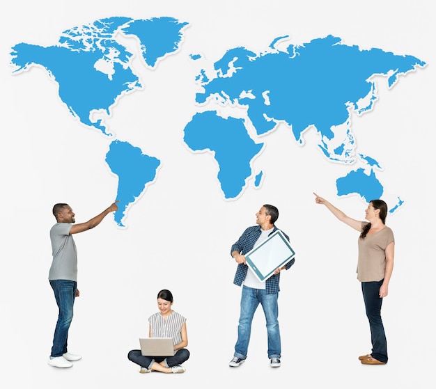 World map mockup diverse people using social media psd