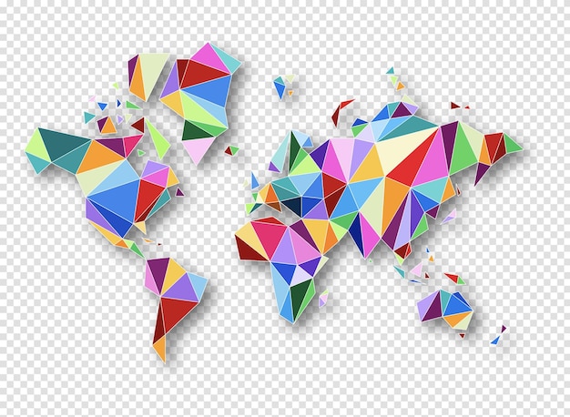 World map shape made of colorful polygons 3D illustration on a transparent background
