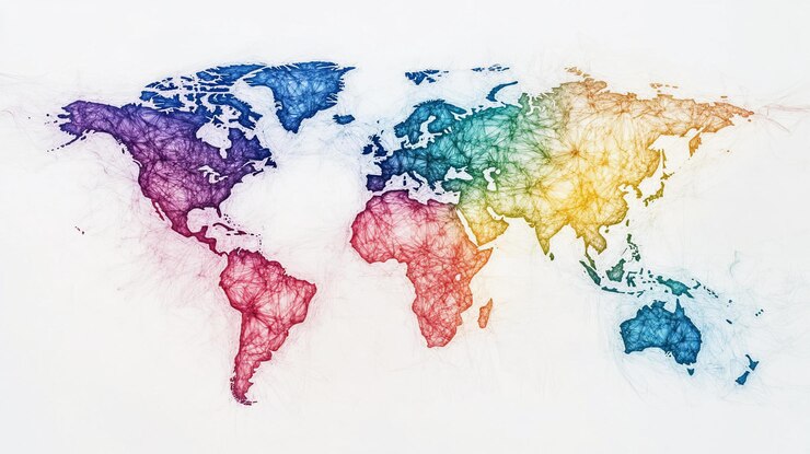 PSD 有彩色纹理轮的世界地图