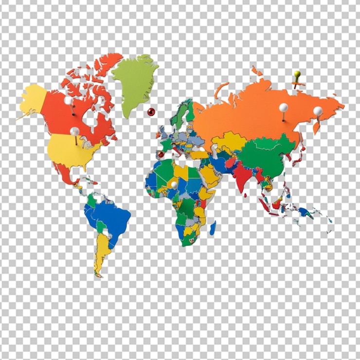 PSD world map with push pins on places where on transparent background