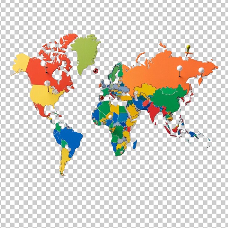 PSD world map with push pins on places where on transparent background