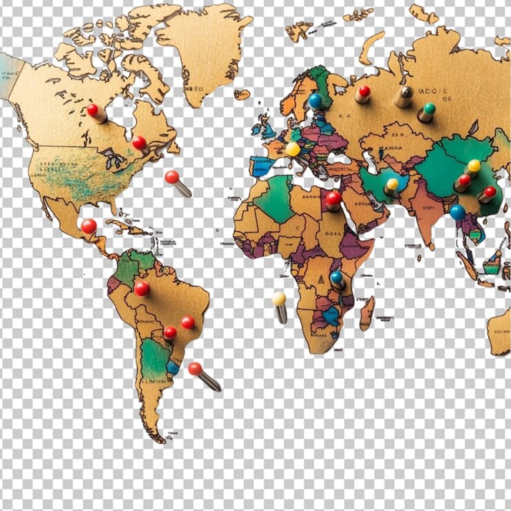 PSD world map with push pins on places where on transparent background