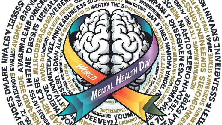 PSD world mental health day with human brain with green ribbon mental health awareness event banner