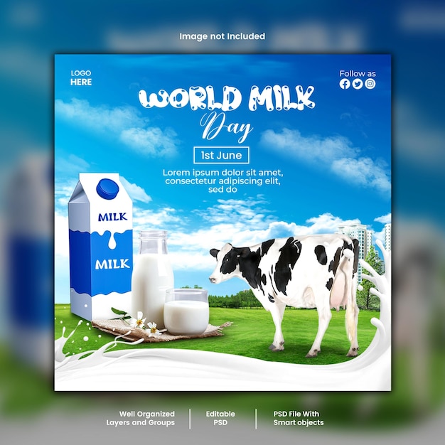 PSD Дизайн всемирного дня молока подходит для плакатов, баннеров, сообщений в социальных сетях и т.д.