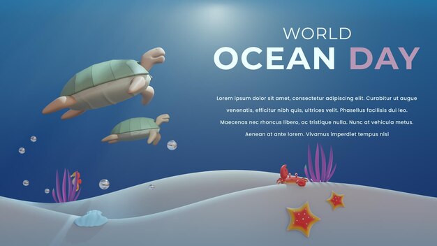 Modello di banner per la giornata mondiale dell'oceano con tartaruga 3d