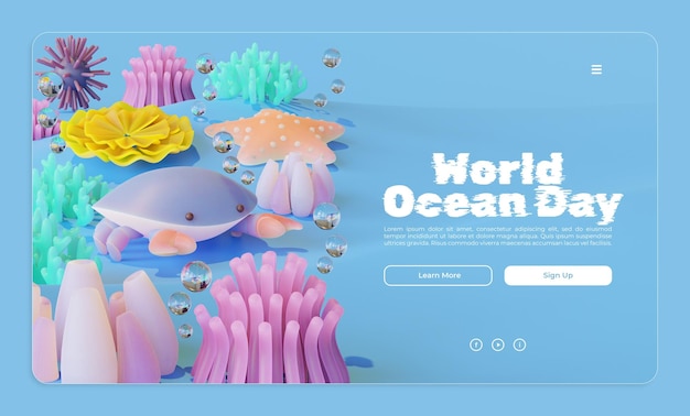 PSD modello di pagina di destinazione della giornata mondiale dell'oceano con illustrazione di rendering 3d di granchio