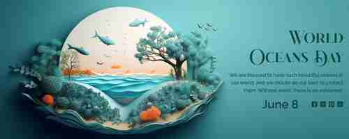 PSD world oceans day 3d circle with deep see wave style design on light green texture background