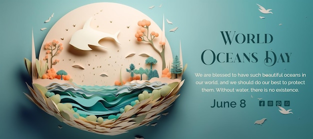 PSD Всемирный день океанов 3d-круг с дизайном в стиле глубоких волн на светло-зеленом фоне